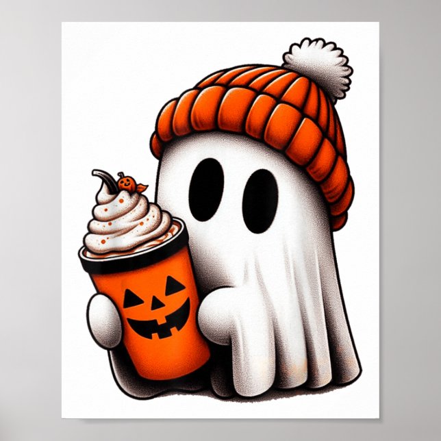 Cute Ghost Drinking Coffee Halloween Ghost Ice Cof Poster (Framsidan)