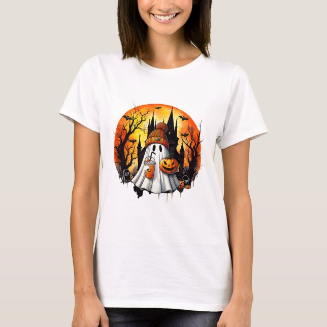 Cute Ghost Drinking Coffee Halloween Ghost Ice Cof T Shirt (Framsida)