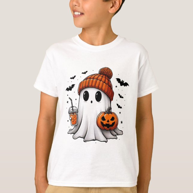 Cute Ghost Drinking Coffee Halloween Ghost Ice Cof T Shirt (Framsida)