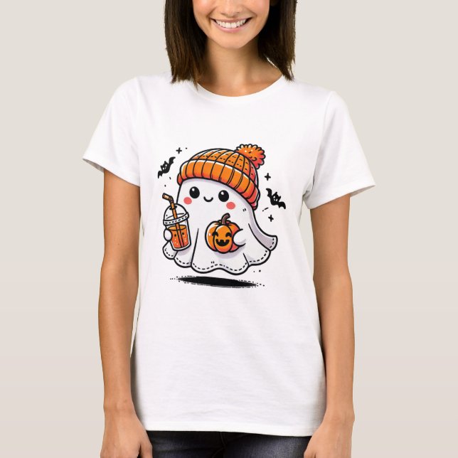 Cute Ghost Drinking Coffee Halloween Ghost Ice Cof T Shirt (Framsida)