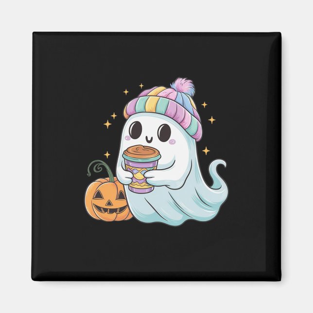 Cute Ghost Drinking Coffee Halloween Ice Coffee Wo Magnet (Framsidan)