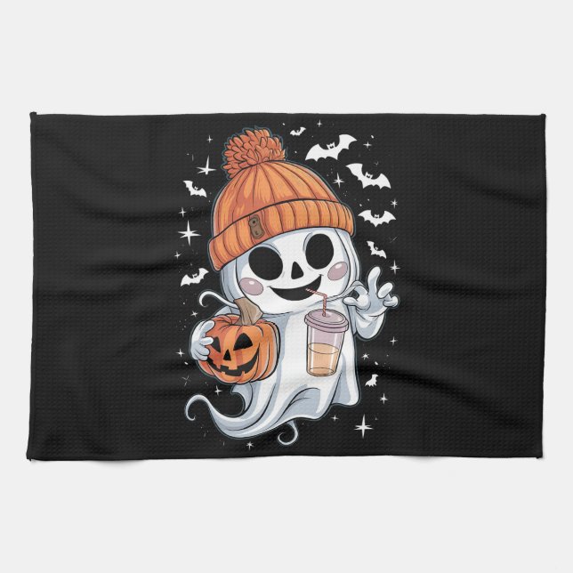 Cute Ghost Drinking Coffee Halloween Iced Coffee Kökshandduk (Horisontell)