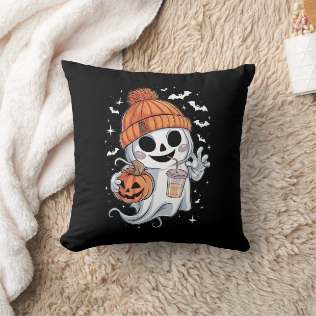 Cute Ghost Drinking Coffee Halloween Iced Coffee Kudde (Filt)