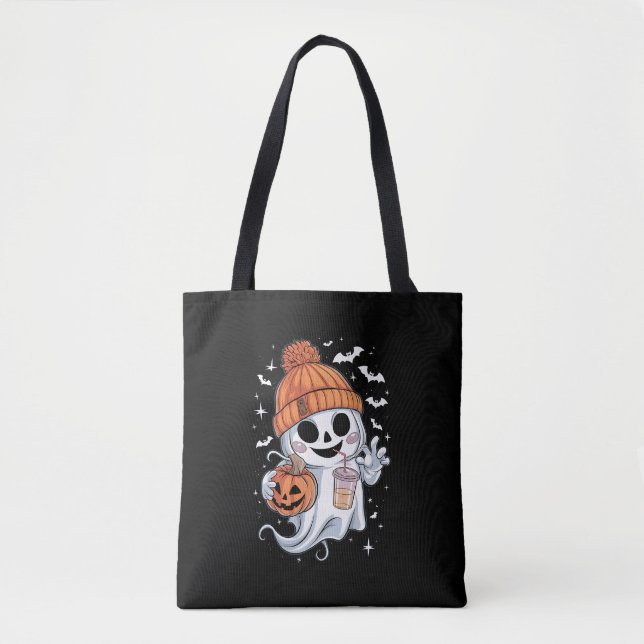 Cute Ghost Drinking Coffee Halloween Iced Coffee Tygkasse (Framsida)