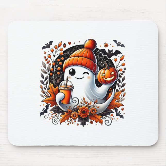 Cute Ghost Drinking Coffee Halloween Theme Spooky Musmatta (Framsidan)
