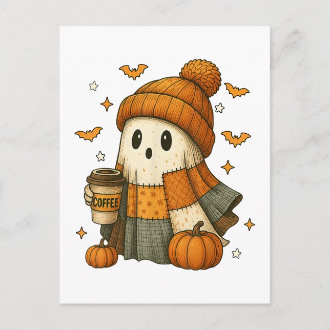 Cute Ghost Drinking Coffee Halloween Vykort (Framsida)