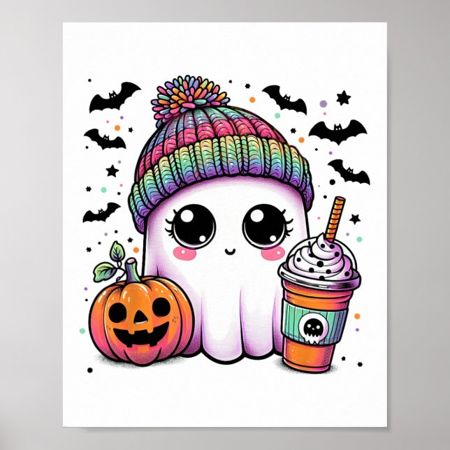 Cute Ghost Drinking Coffee Latte Ghost Boo Hallowe Poster (Framsidan)