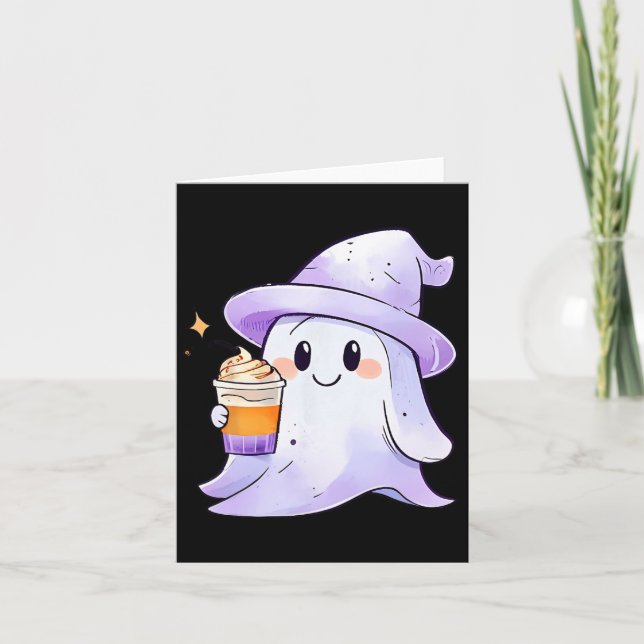Cute Ghost Drinking Coffee par Halloween Coffee Kort (Framsida)