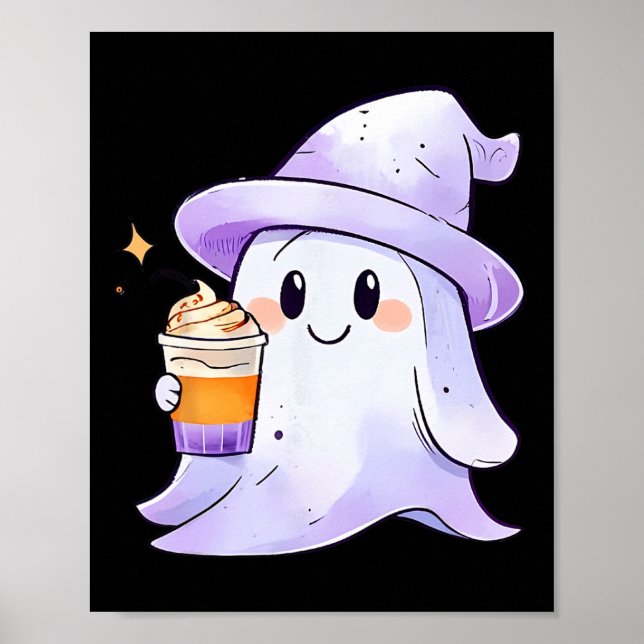 Cute Ghost Drinking Coffee par Halloween Coffee Poster (Framsidan)