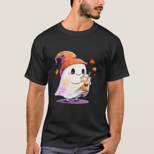 Cute Ghost Drinking Coffee par Halloween Coffee T Shirt (Framsida)