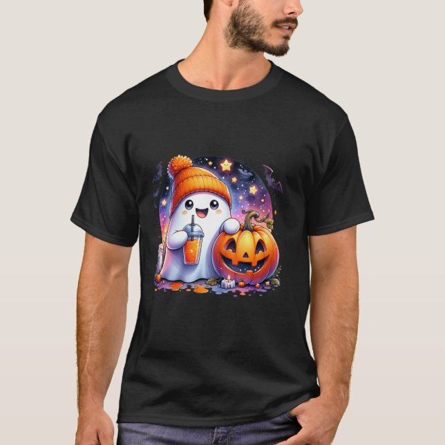 Cute Ghost Drinking Coffee Spice Halloween Ghost I T Shirt (Framsida)