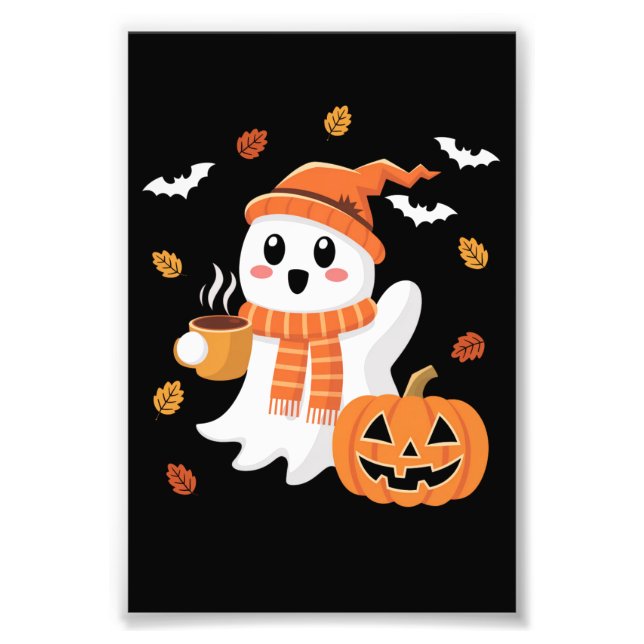 Cute Ghost Drinking Ice Coffee Halloween Fototryck (Framsidan)