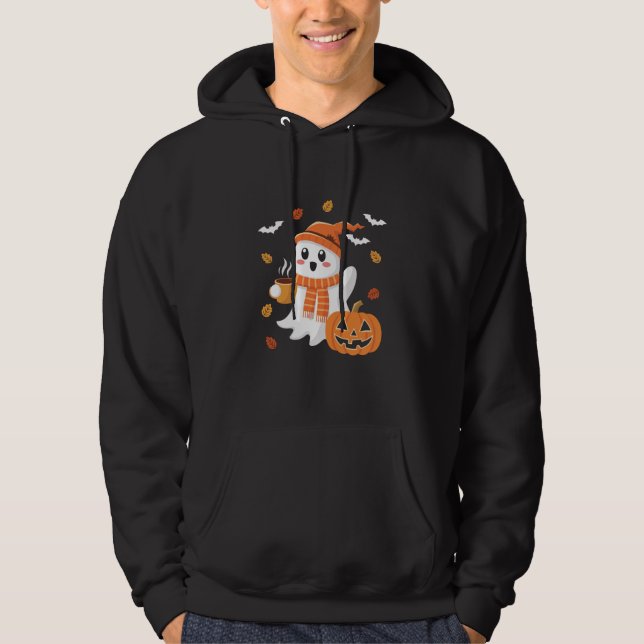 Cute Ghost Drinking Ice Coffee Halloween Hoodie (Framsida)