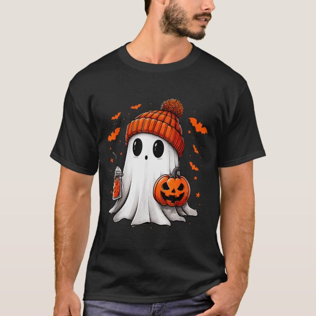 Cute Ghost Drinking Ice Coffee Halloween Pumpkin M T Shirt (Framsida)