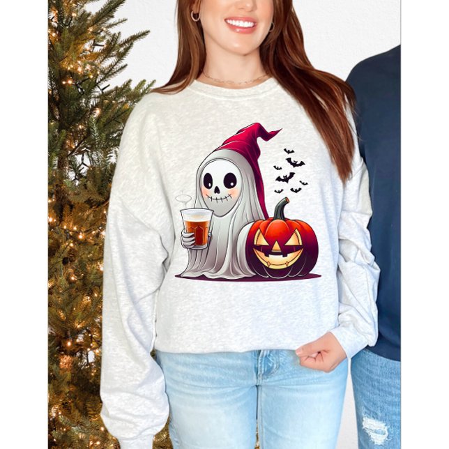 Cute Ghost Drinking Ice Coffee Halloween Pumpkin T Shirt (Skapare uppladdad)