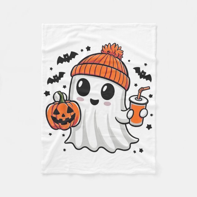 Cute Ghost Drinking Pumpkin Juice Halloween Ghost Fleecefilt (Framsidan)