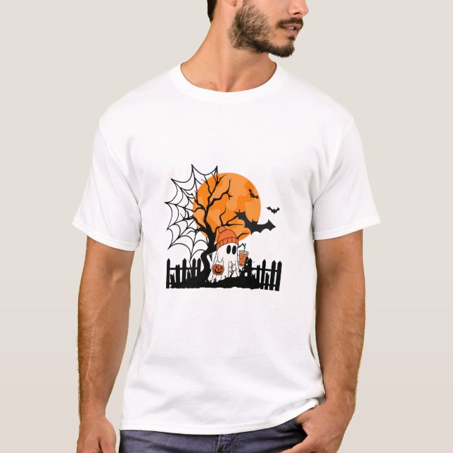 Cute Ghost Drinking Pumpkin Spice Halloween T Shirt (Framsida)