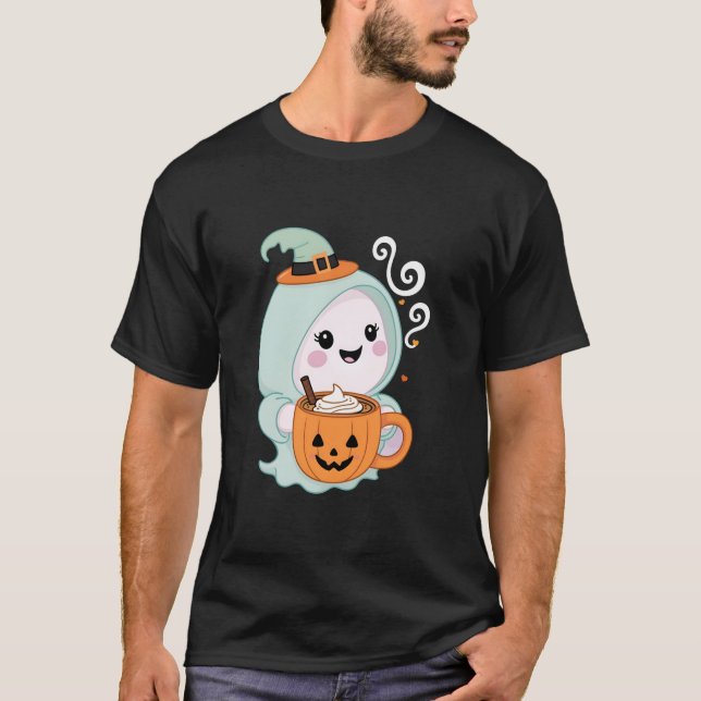 Cute Ghost Drinking Pumpkin Spice Latte Ghost Hall T Shirt (Framsida)