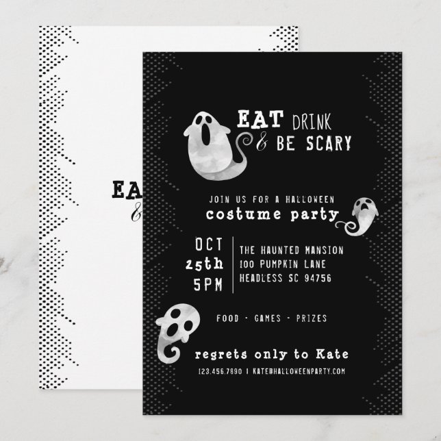 Cute Ghost Eat Drink be Scary Halloween Costume Inbjudningar (Fram/baksida)