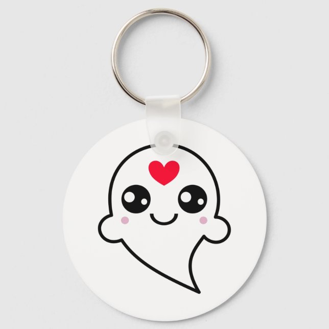 Cute Ghost Emoji Red Heart Nyckelring (Framsida)