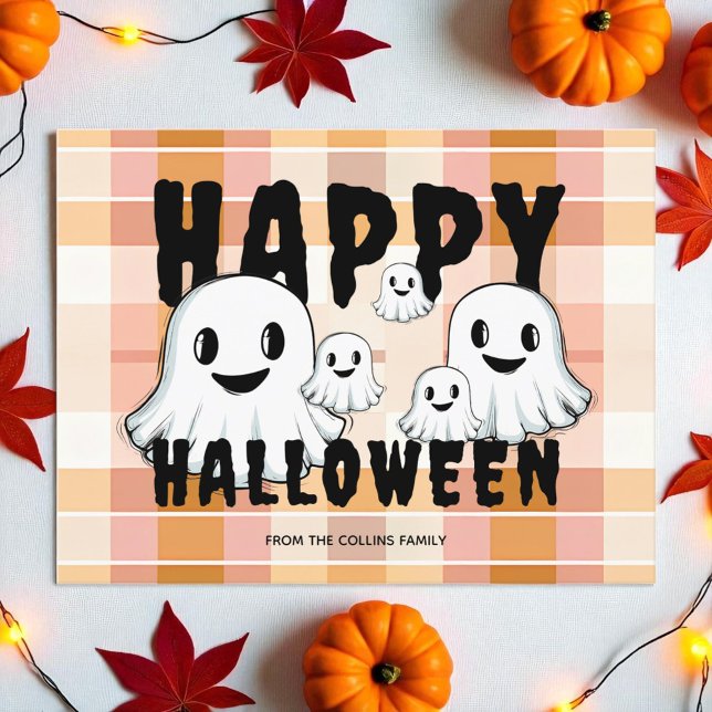 Cute Ghost-familjen Modern Orange Happy halloween Helg Vykort (Cute Ghost Family Modern Orange Happy Halloween Holiday Postcard)