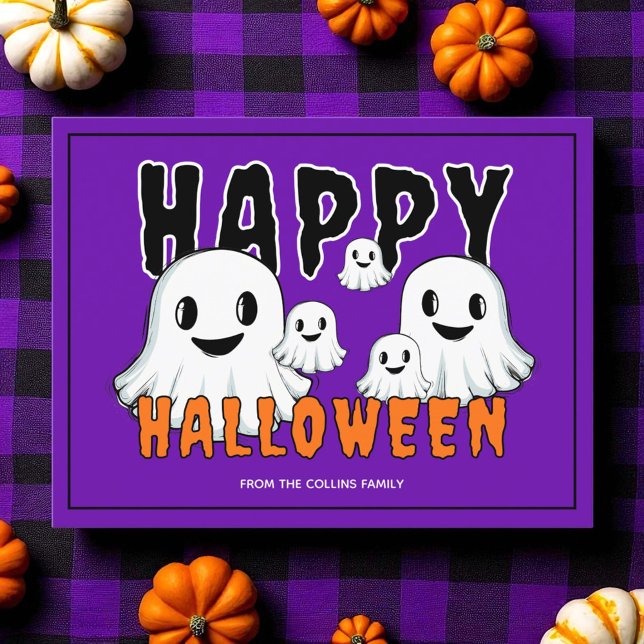 Cute Ghost Family Retro Lila Happy halloween Helg Vykort (Purple Family Name Cute Ghost Retro Orange Happy Halloween Holiday Postcard)