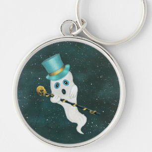 Cute Ghost Fånig Ansikte Wear Top hat Skull, Käpp  Rund Silverfärgad Nyckelring