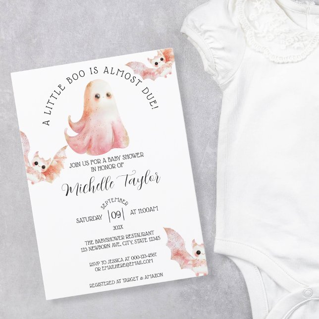 Cute Ghost Fladdermus Little Boo Girl Baby Shower Inbjudningar (pink watercolor ghost and bat)