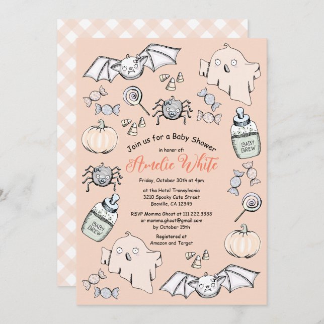 Cute Ghost, Fladdermus & Spider Halloween Baby Sho Inbjudningar (Fram/baksida)