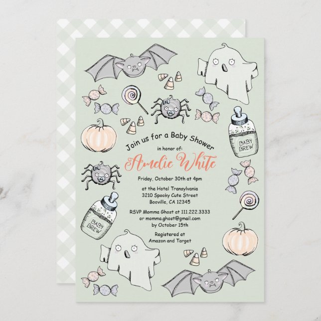 Cute Ghost, Fladdermus & Spider Halloween Baby Sho Inbjudningar (Fram/baksida)