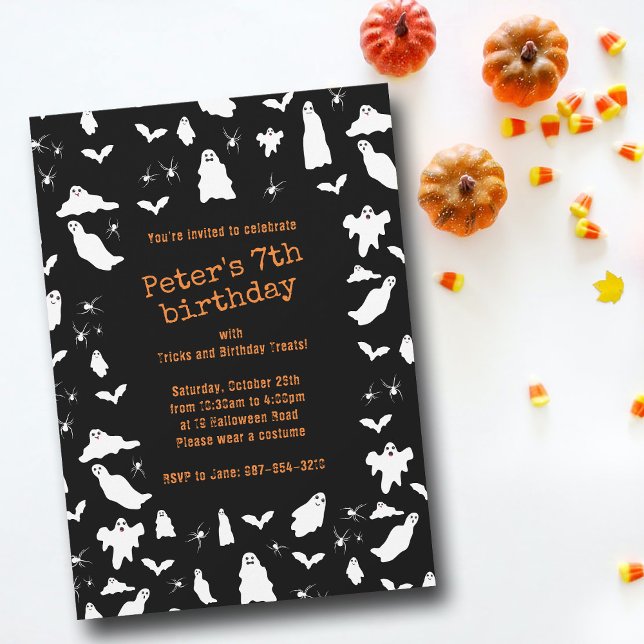 Cute Ghost, Fladdermus & Spiders Halloween Birthda Inbjudningar (Cute Ghost, Bats & Spiders Halloween Birthday Invitation)