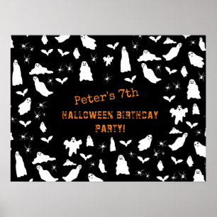 Cute Ghost, Fladdermus & Spiders Halloween Birthda Poster