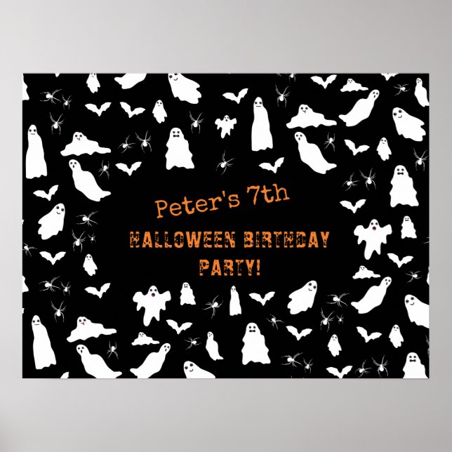 Cute Ghost, Fladdermus & Spiders Halloween Birthda Poster (Framsidan)