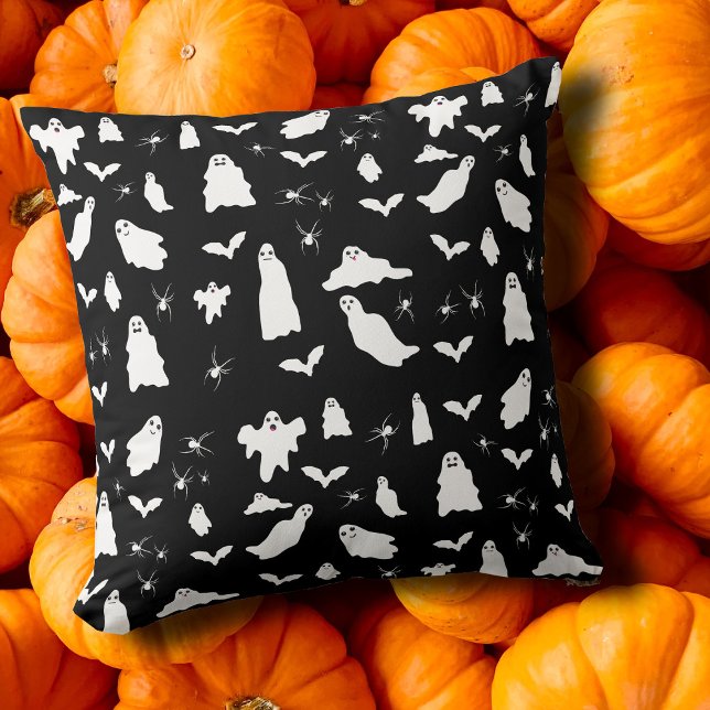 Cute Ghost, Fladdermus & Spiders Halloween Mönster Kudde (Cute Ghost, Bats & Spiders Halloween Pattern Throw Pillow)