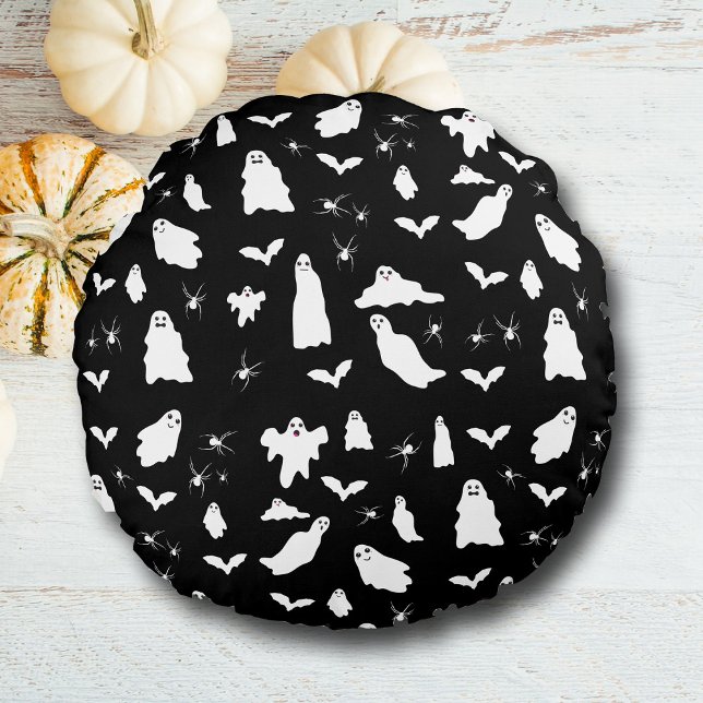 Cute Ghost, Fladdermus & Spiders Halloween Mönster Rund Kudde (Cute Ghost, Bats & Spiders Halloween Pattern Round Pillow)