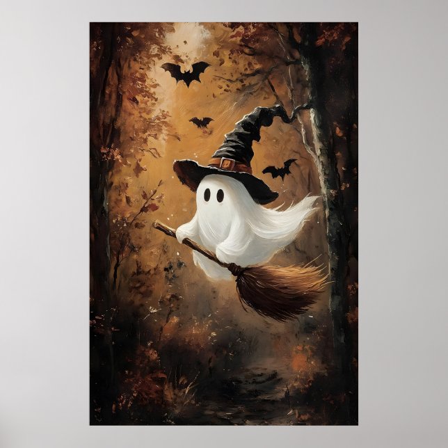 Cute Ghost Flying On A Witch Broom In Autumn Poster (Framsidan)