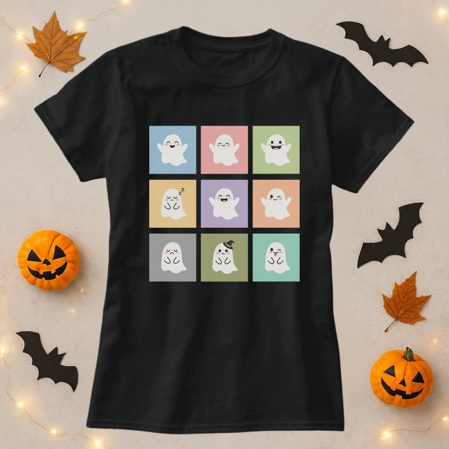 Cute Ghost Grid Halloween Shirt; Roligt Ghost Mood T Shirt (Skapare uppladdad)