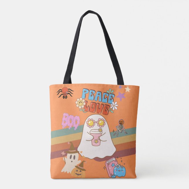 Cute Ghost Groovy Stil Orange Tote Bag Tygkasse (Baksida)
