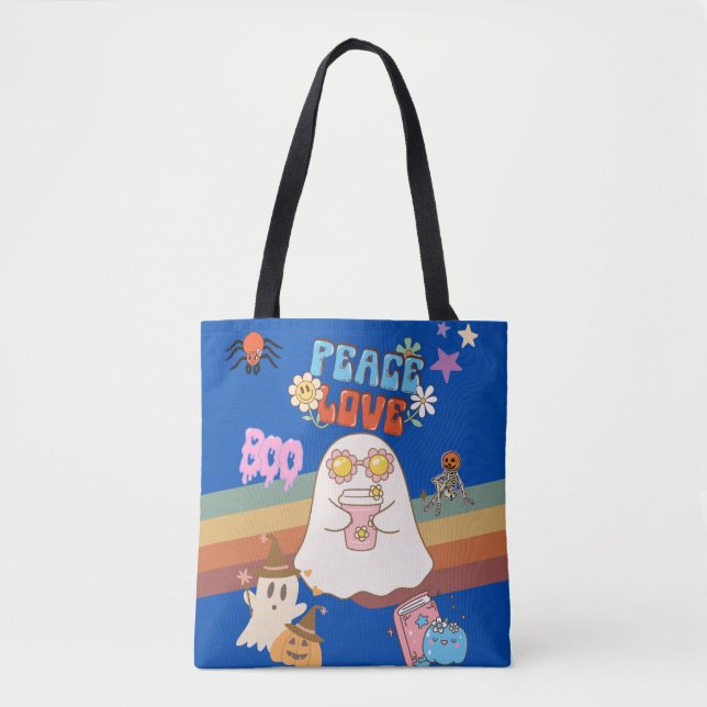 Cute Ghost Groovy Stil Peace&Kärlek Blue Tote Bag  Tygkasse (Framsida)