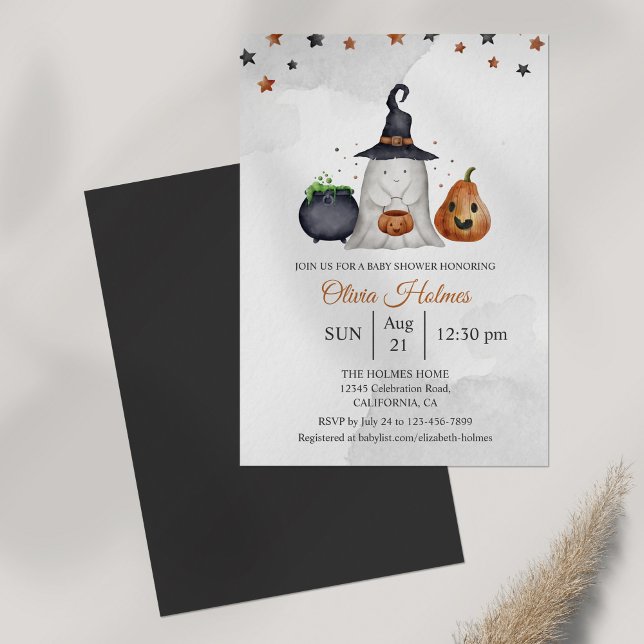 Cute Ghost Halloween Baby Shower Inbjudningar (Halloween Baby Shower Invitation on grey table.)
