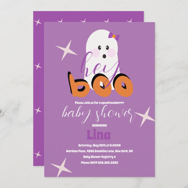 Cute Ghost Halloween Baby Shower Retro Script Inv. Inbjudningar (Fram/baksida)