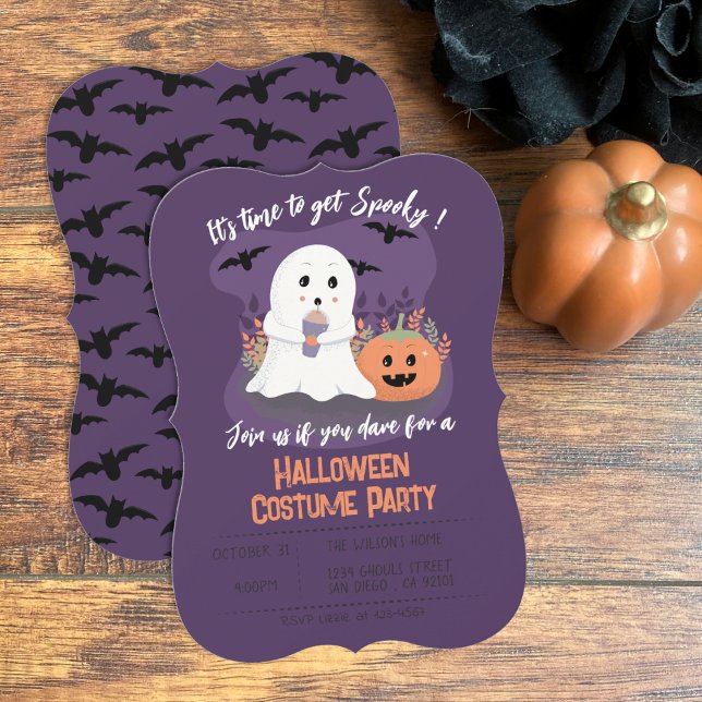 Cute Ghost Halloween Costume Party Lila Inbjudan (Cute ghost kids Halloween costume party purple invitations .)