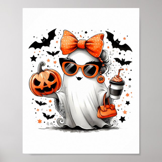 Cute Ghost Halloween Diva Tecknad Sungles Handg Poster (Framsidan)