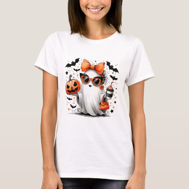 Cute Ghost Halloween Diva Tecknad Sungles Handg T Shirt (Framsida)