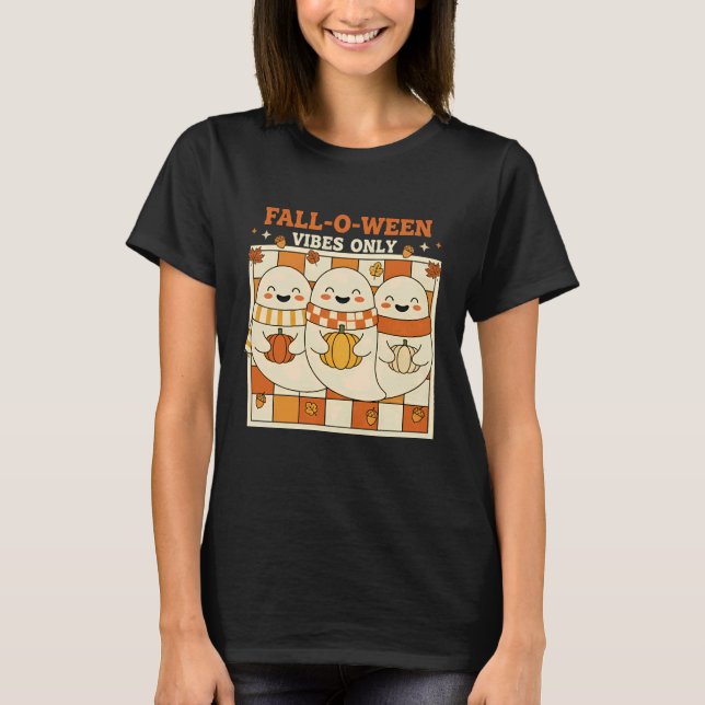 Cute Ghost Halloween Fall Pumpkin Autumn Vibes Onl T Shirt (Framsida)