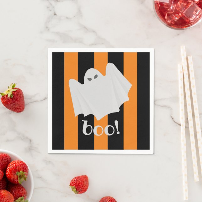 Cute Ghost Halloween Napkins Orange Black Rand Pappersservett (Insitu)