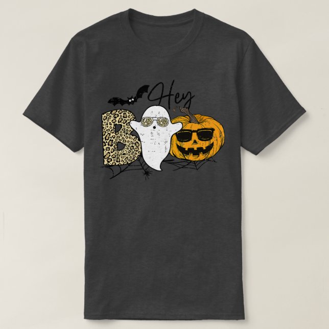 Cute Ghost Halloween Pumpkin Ansikte Leopard Hej B T Shirt (Design framsida)
