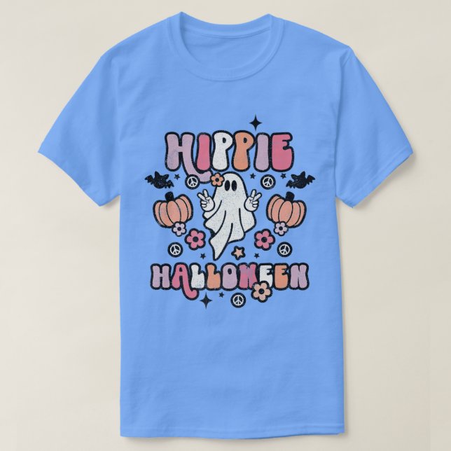Cute Ghost Halloween Pumpkin Hippie Halloween Retr T Shirt (Design framsida)