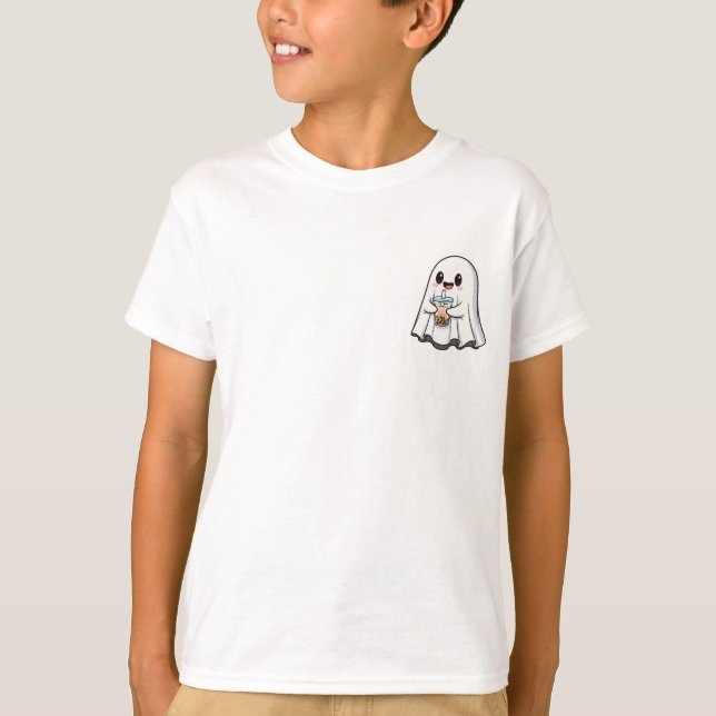 Cute Ghost Holding Boba Tea Kids T Shirt (Framsida)