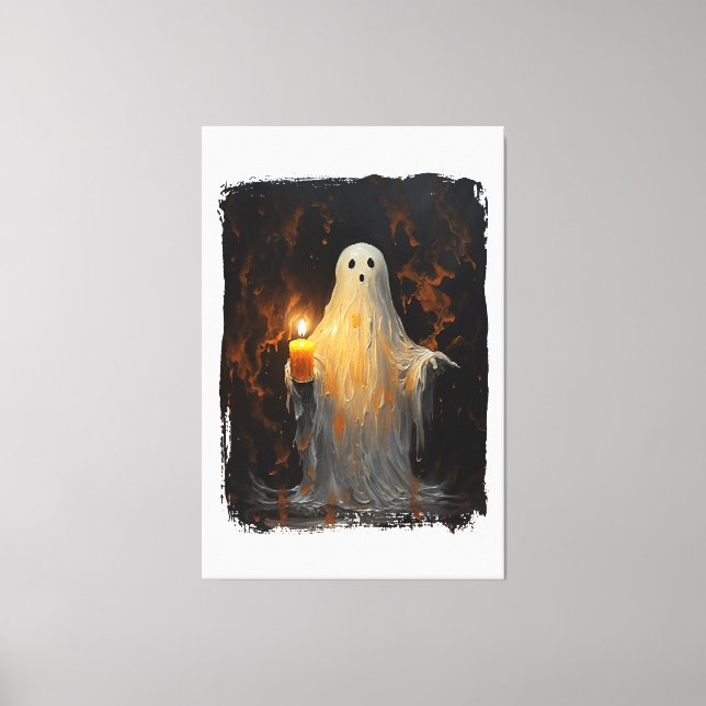 Cute Ghost Holding Candle Funny Halloween Gothic V Canvastryck (Framsida)